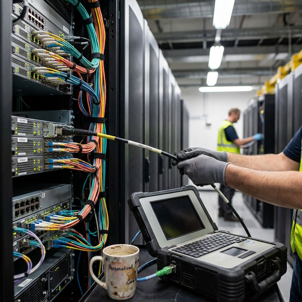 Hænder placerer en forseglingspose med signeret vægtpakke i en låst evidence‑box ved et support‑workstation; cyan statuslampe over boksen.