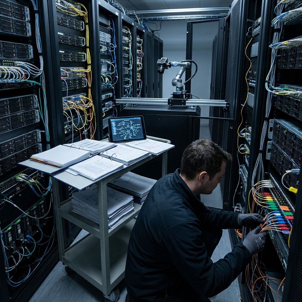 Hånd på en fysisk rollback‑kontakt ved et lille test‑panel mens statuslys pulserer — procesmoment i en dansk udviklingsops.