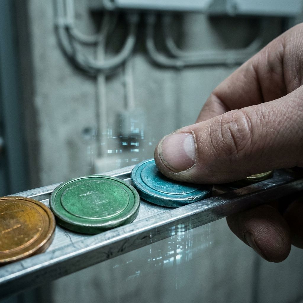 Nærbillede af slidte farvetokens på en prompt‑versioning rail, en tommelfinger flytter en token — et håndgribeligt tegn på prompt‑styring og versionering.