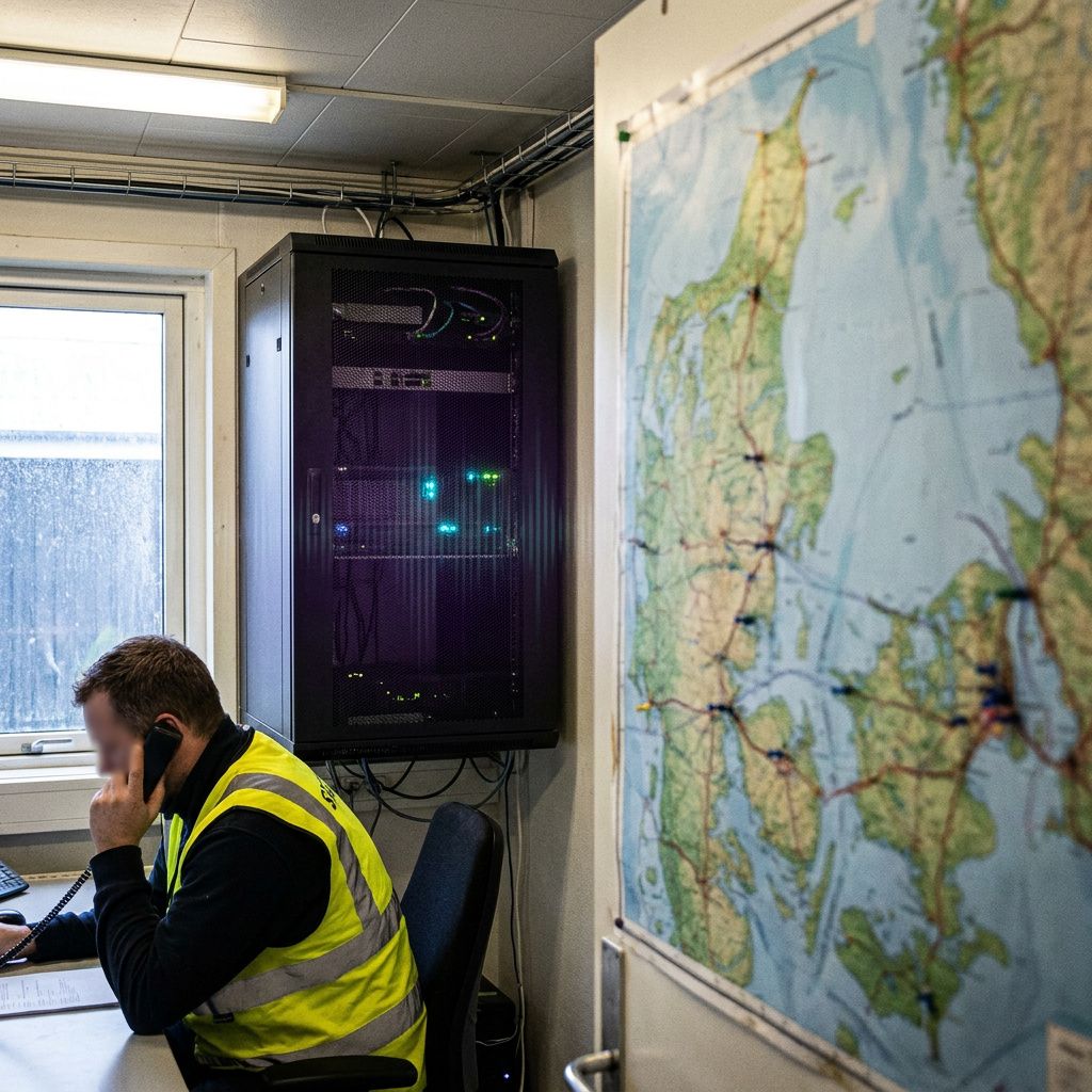 Et lille dispatch‑hjørne i et dansk logistikrum med en mesh‑afskærmet serverenhed og en medarbejder i baggrunden; billedet antyder hybrid drift og valget mellem lokal og cloud‑ressource.
