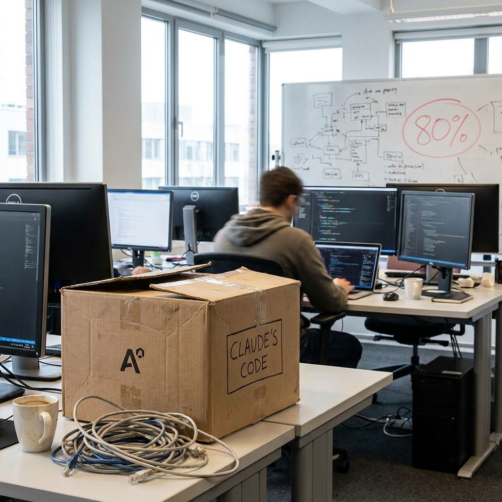 Incident canary lamp og uklart services‑kort i en supportkrog, med cyan/indigo lysstemning.