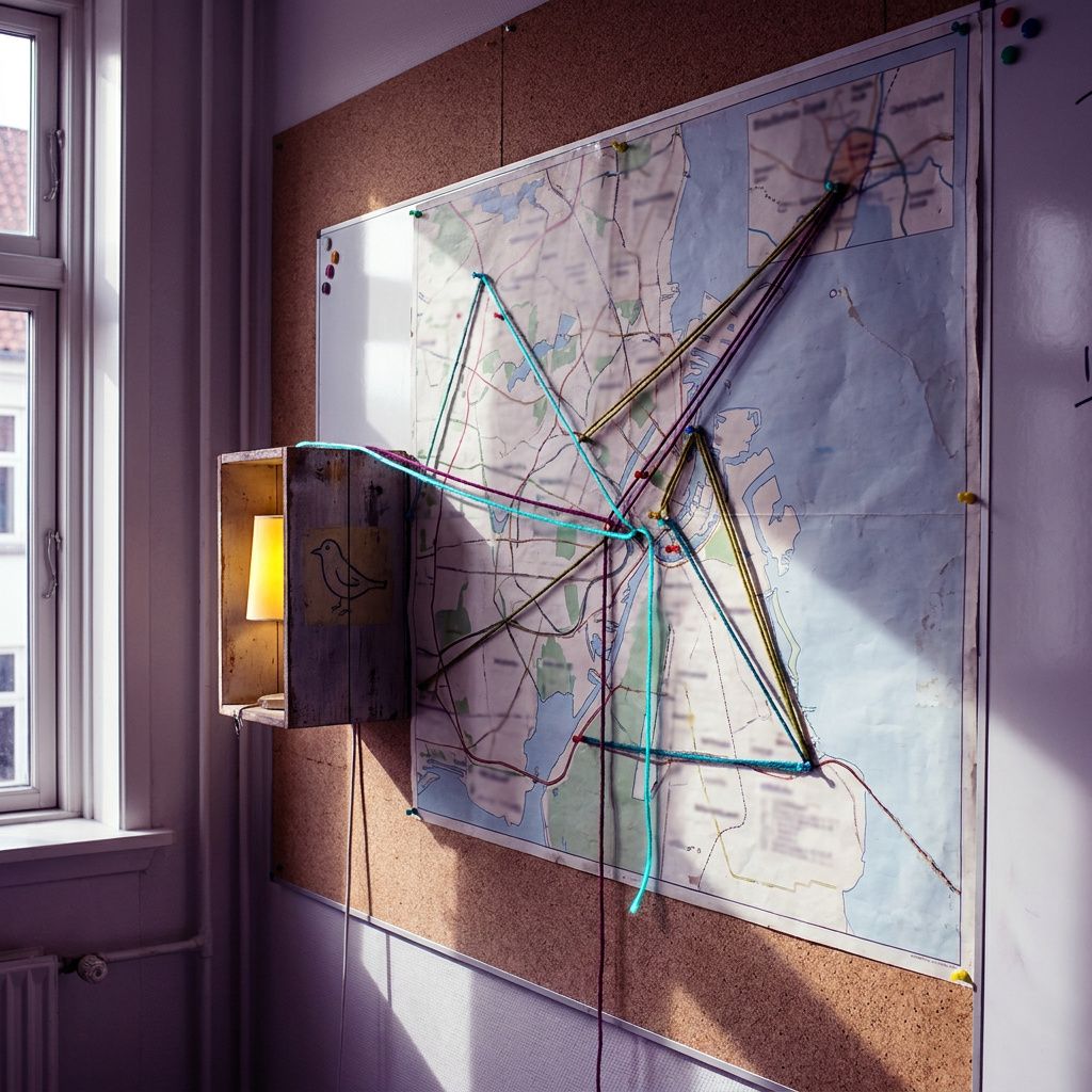 Schematiseret vægkort over servicegrænser og en fysisk canary‑forbindelse, uden læsbar tekst.