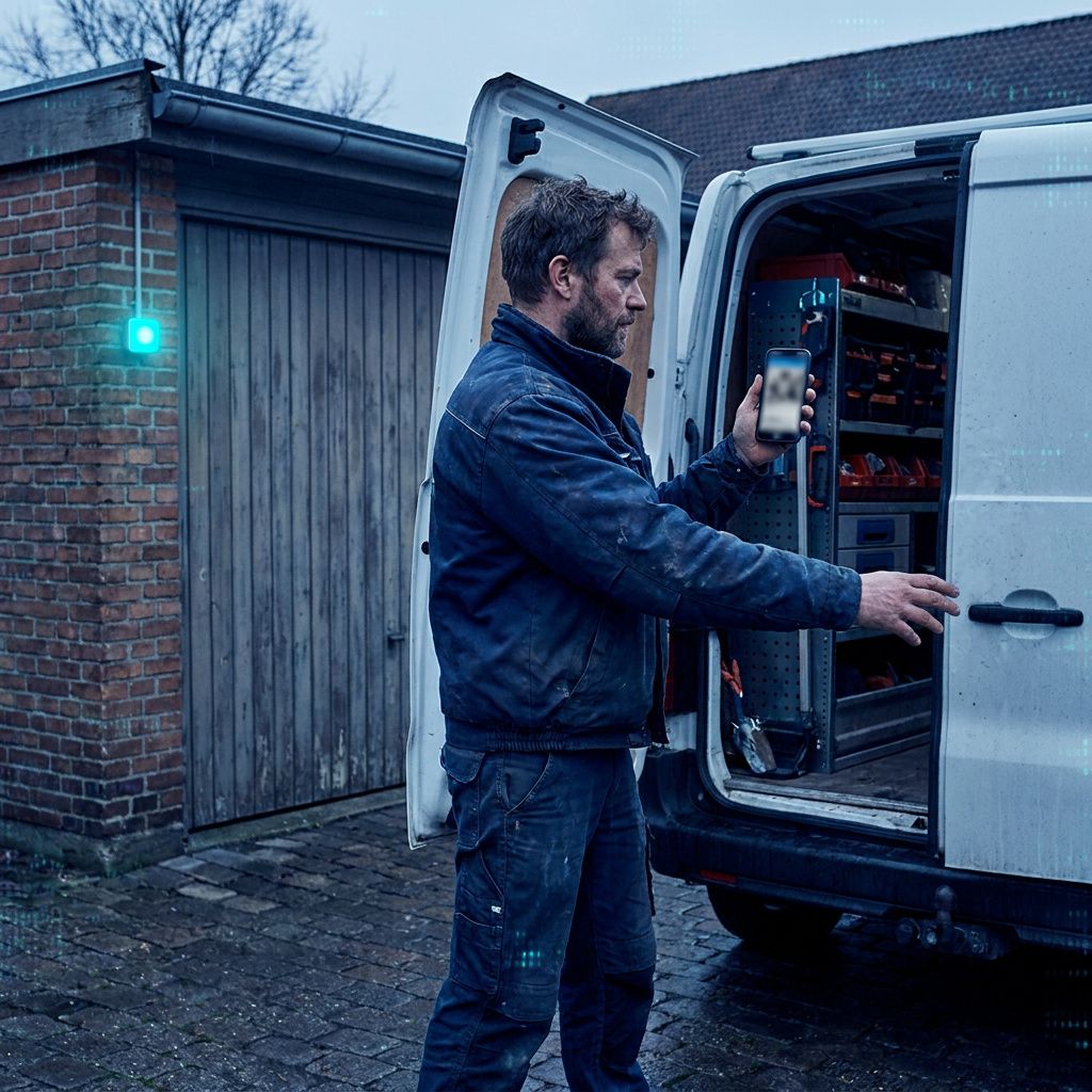 Tekniker ved servicevogn med telefon, klar til on‑device multimodal support i felten — symbol på lav latency og driftsvalg.