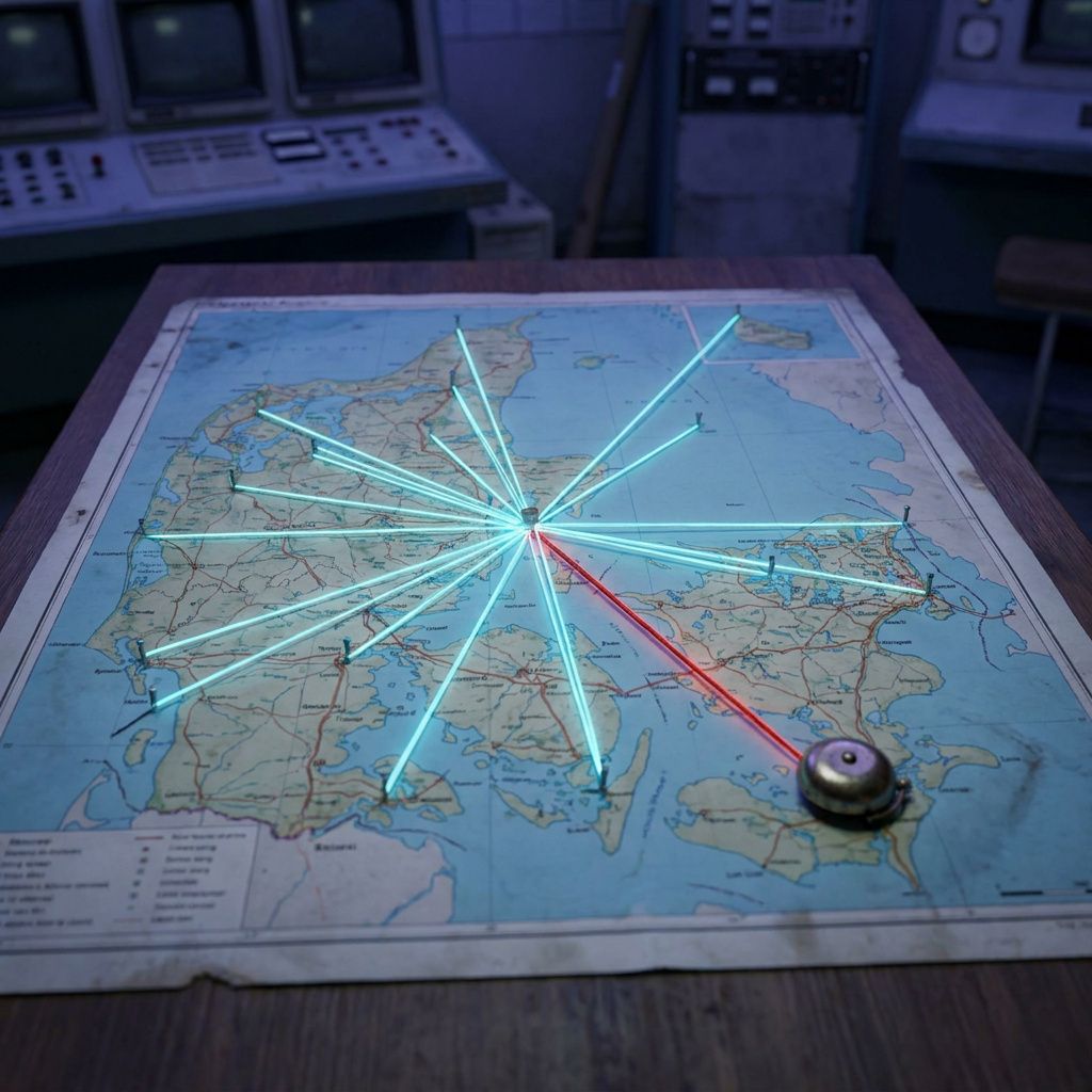 Overblikskort med farvede tråde i et dansk dispatchrum — metafor for data‑kilder, routing og risiko for operationelle silos.