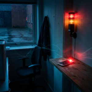 Efterlukketid i et lille dansk supportrum med blinkende statuslampe og on-call telefon der vibrerer, som signal om agentdrevne SLA-alarmer.