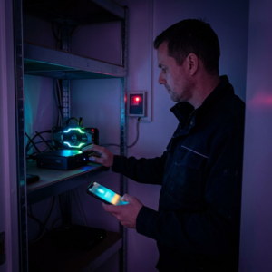 Teknisk leder ved en kompakt edge‑enhed med en consumer GPU og blinkende indikatorer; et alarmlys i baggrunden antyder resource‑grænse. Stemning: beslutningsøjeblik for on‑device AI i en lille virksomhed.