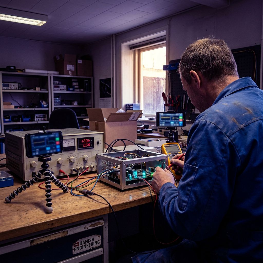 Test‑rig i et lille laboratorium: tekniker måler strøm og justerer en edge‑chassis under en on‑device test.
