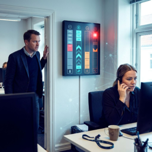 Supportrum i en dansk SMV med manager der kigger på en vægskærm med rødt alarmlys og inkonsistente opgaveindikatorer; en medarbejder med headset tager et opkald. Deep purple/indigo stemning med cyan signalaccents.