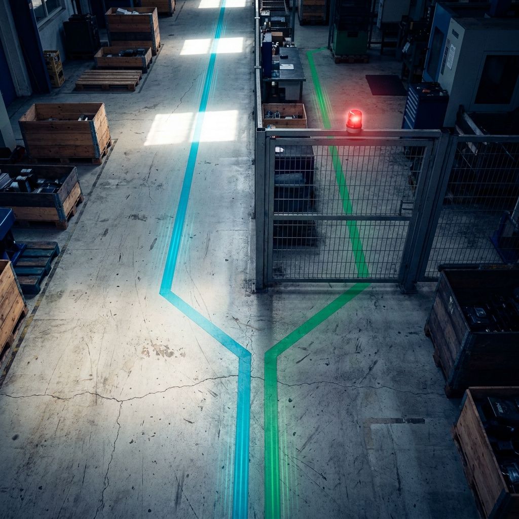 To parallel gulvbaner i en lille virksomheds operationsområde der deler sig ved en lukket port med rødt signal — metafor for divergerende workflows.