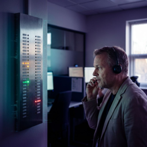 Operationsrum i et dansk kontaktcenter med en SLA‑lystavle i forgrunden, hvor en amber LED blinker; en mellemleder med headset vurderer situationen i baggrunden.