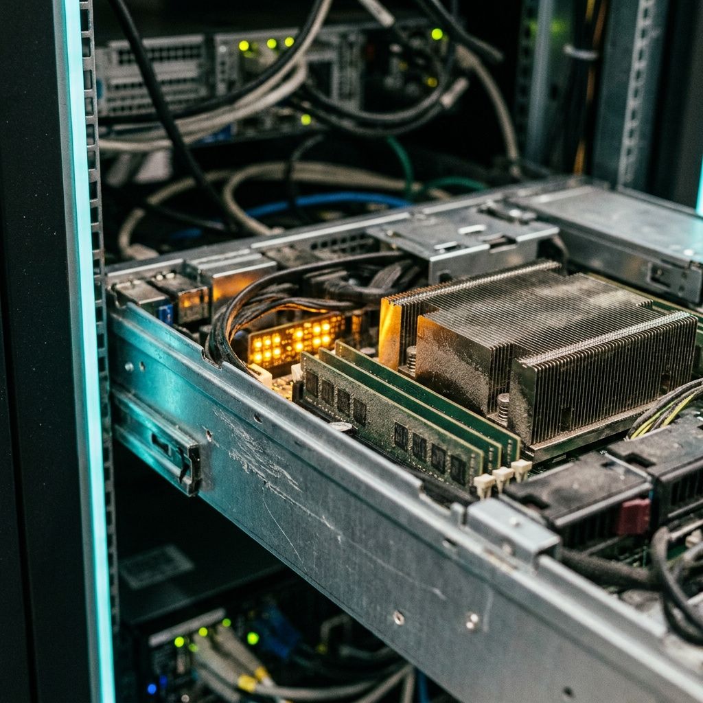 Nærbillede af front på en GPU‑server med varmeafleder og en amber indikator, som viser højt memory‑tryk.