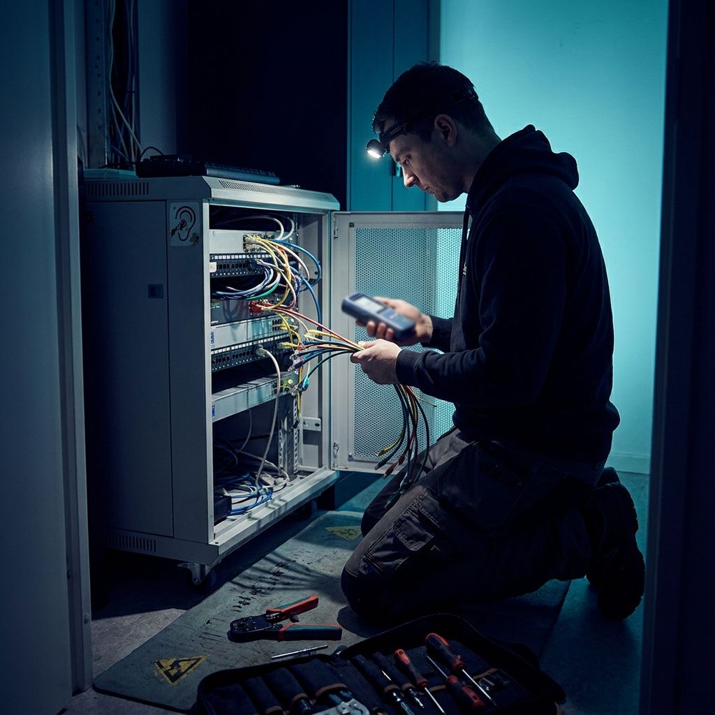 Tekniker i et serverrum skifter et netkabel ved et patchpanel mens han holder et måleinstrument.