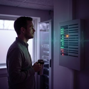 Operationshjørne i en lille dansk tech‑virksomhed: en leder ser på en vægmonteret status‑tavle med en blinkende amber‑alarm; tonen er mørk indigo med cyan/grønne accenter, tydelig beslutningssituation uden læsbar tekst.