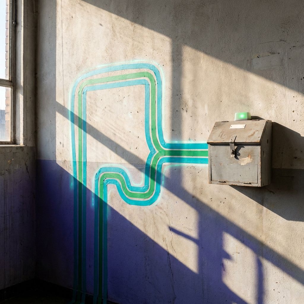 Overhead af to farvede ruter (cyan og grøn) på et operationsgulv der mødes ved en service‑checkpoint — symbol på routing og handoff i drift.