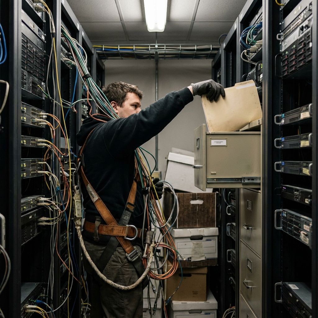 Teknikerens hænder clipper en sikkerhedsnøgle ved en rack‑access mens systems‑map med cyan/grønne ruteforløb ses på væggen — øjeblik af snapshot og snapshotting af WORKINGMEMORY.