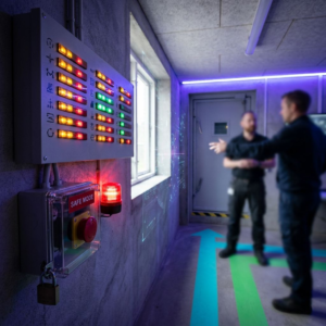 Småt dansk operationsrum med statuslamper, låst 'safe mode'‑afbryder og blinkende budgetalarm — symboliserer pres på drift, governance og omkostninger i agentdrevet udvikling.