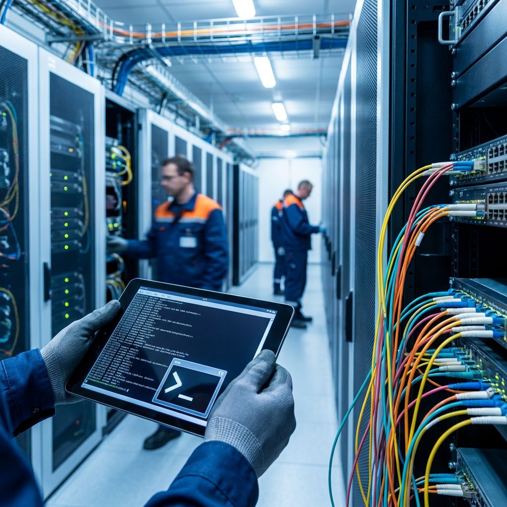 Overblik fra oven af to farvekodede gulvbaner (cyan, grøn) der mødes ved et servicehul med en amber LED‑indikator — metafor for lokale workflows, remote compute‑ruter og en enkelt alarmet session.