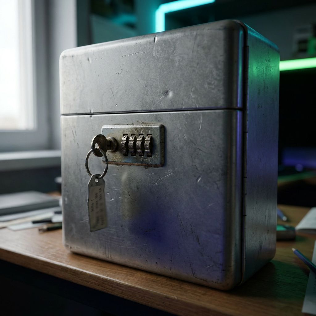 Nærbillede af lås på en lille metalboks med cyan/grøn refleks, brugsspor og sløret mærkning — audit-token metafor for budgetloft og gating.