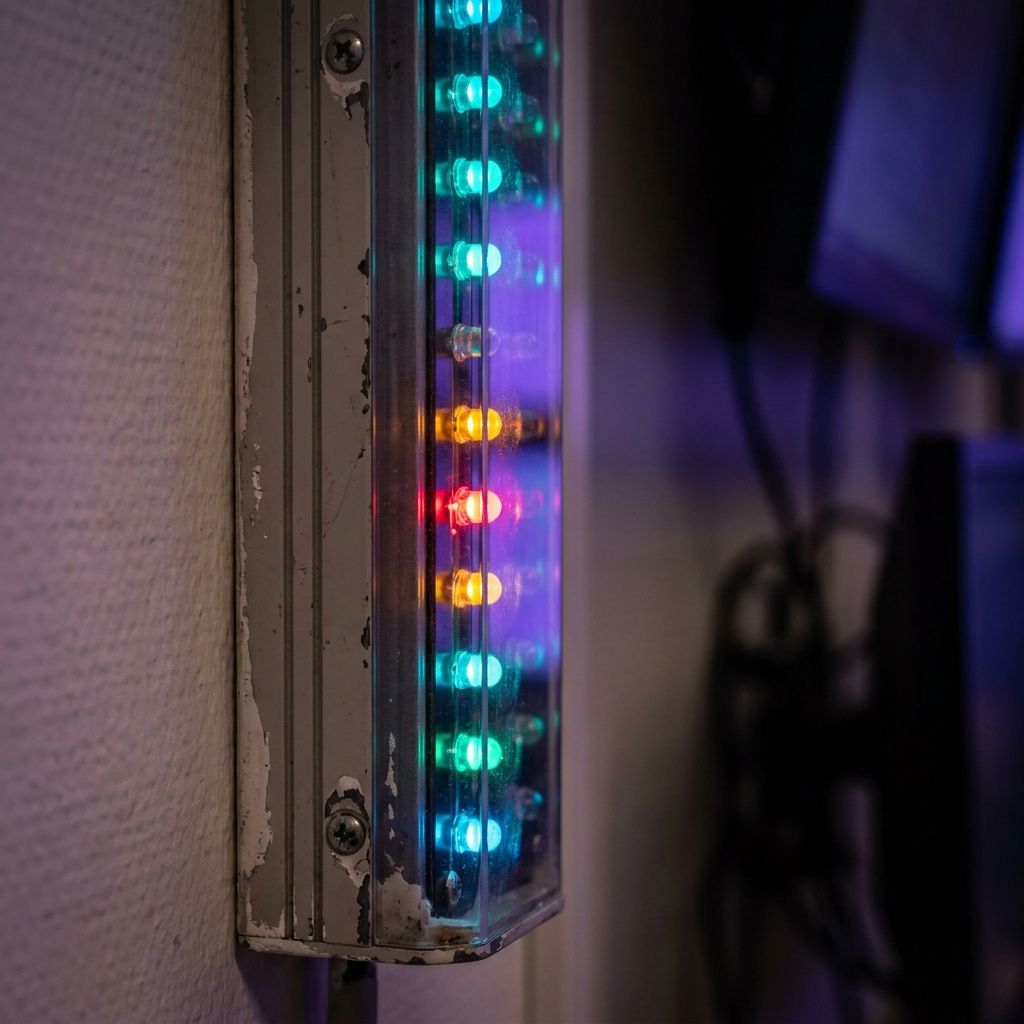 Tæt makro af SLA‑statusstrip med amber og rød alarmlys i et supportrum; slidt vægoverflade og cyan/indigo reflekser.