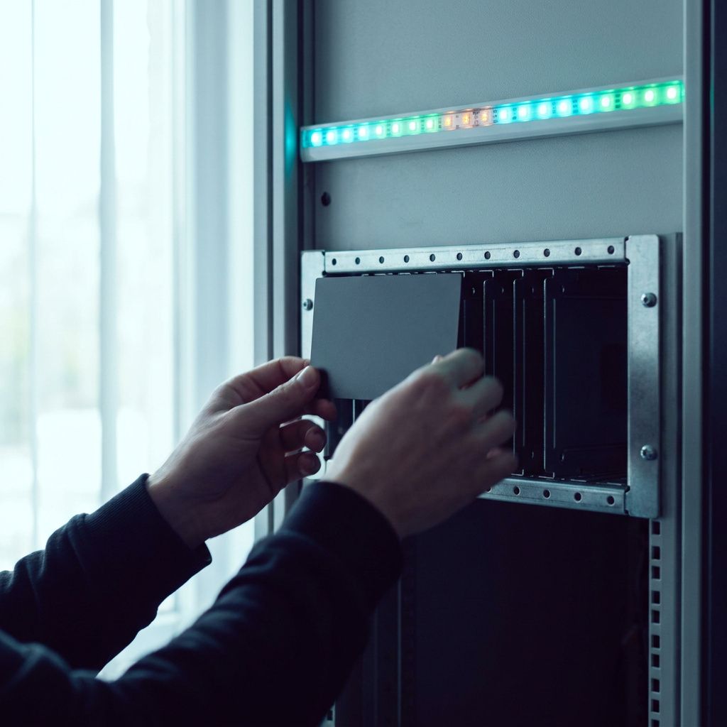 Tekniker i aktion: justerer en fysisk throttle‑kontakt mens statuslys på væggen viser samtidige sessions og advarselstegn.
