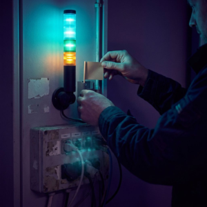 Operationshjørne i en dansk SMV: en vægmonteret connector‑gatebox og en status‑lampe med cyan/green steady og et amber blink; hænder placerer et incident‑flag under lampen. Stemningsfyldt aftenlys, indigo farvepalette.