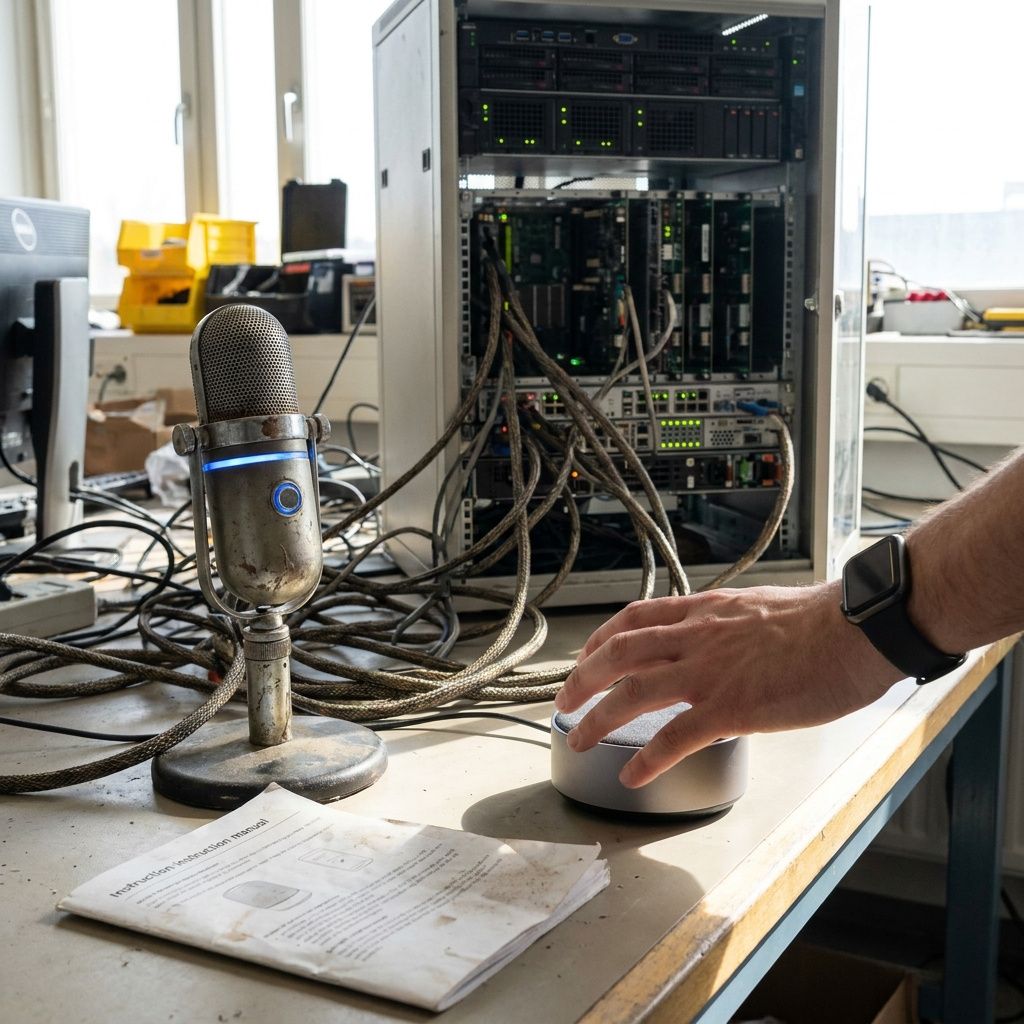 Hænder placerer et neutralt incident‑tag under en statuslampe, kollega i baggrunden med headset; viser øjeblikket hvor automation rulles tilbage.