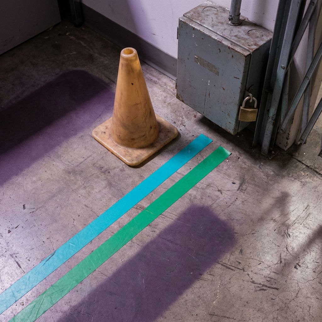 Overhead view af to farvede gulvtape, der leder til en kontrolboks — viser ruting og adgangsterskler i integrationslaget.