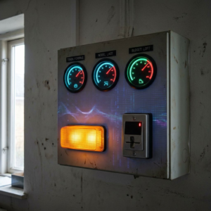 Vægmonteret operationspanel med runde token-gauges, cyan/green signal-accents og en blinkende amber alarm-LED ved siden af et låst adgangsmodul — symbol på drift, omkostningsalarm og adgangsstyring i en dansk SMV.