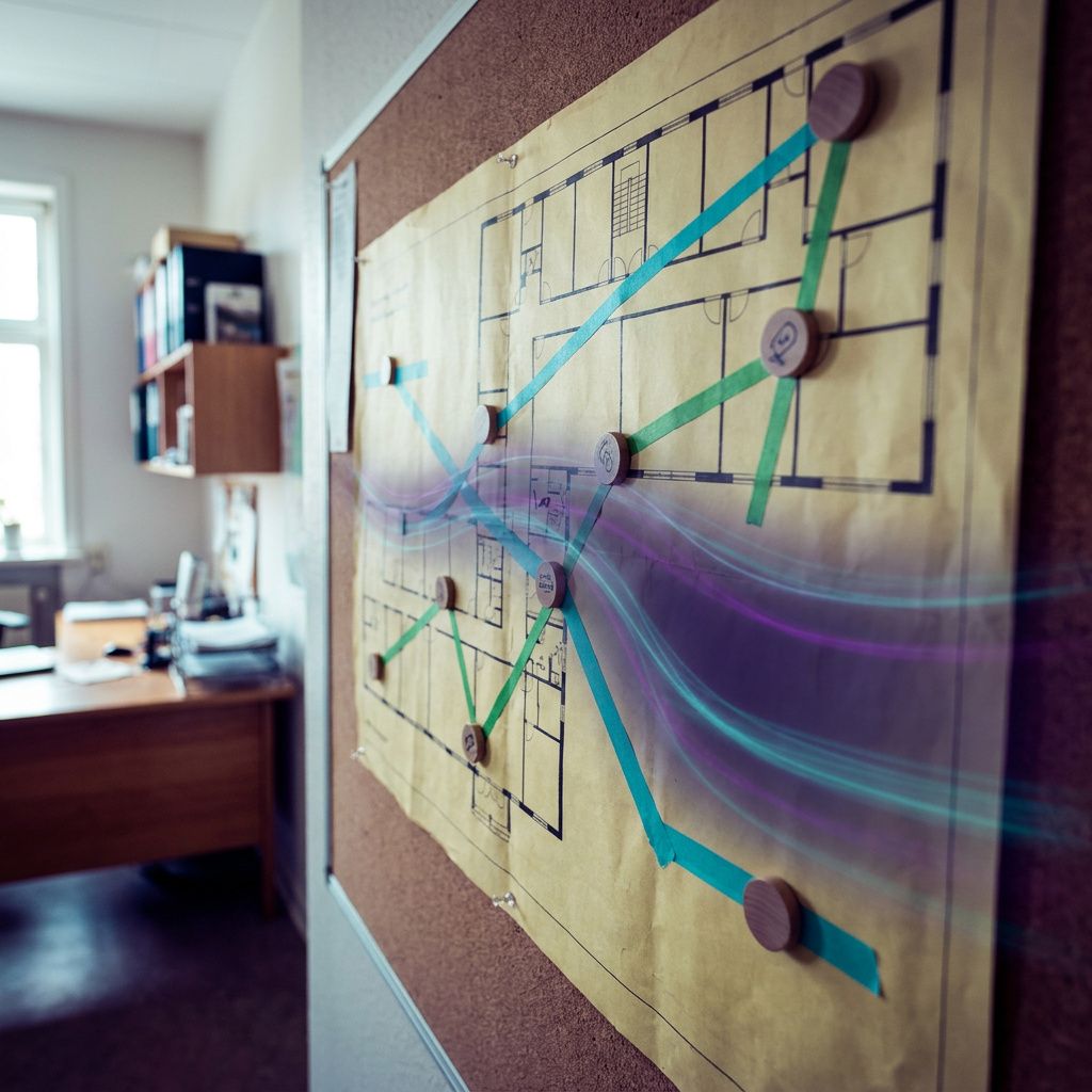 Overhead redigeret plan med cyan og grøn ruter lagt på en vægplan — visuelt kort over routingbeslutninger og policy-gates uden læsbar tekst.