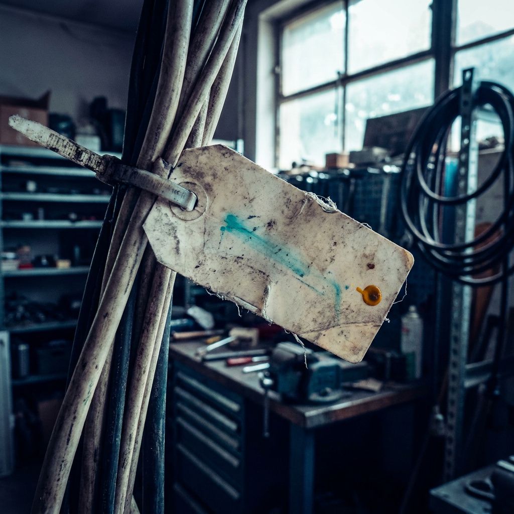 Makrodetalje af en unlabeled operations-tag med cyan smuds og en amber prik — spor efter en alarm eller hændelse i driften.