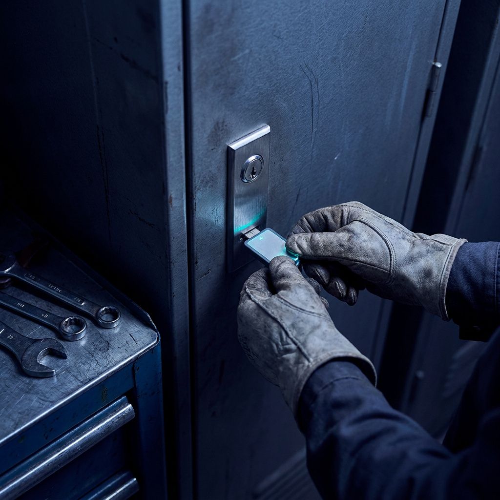 Hands indsætter sikkerhedstoken i en unlabeled låsbox i en dansk SMV's tekniske rum, cyan highlights og indigo stemning.