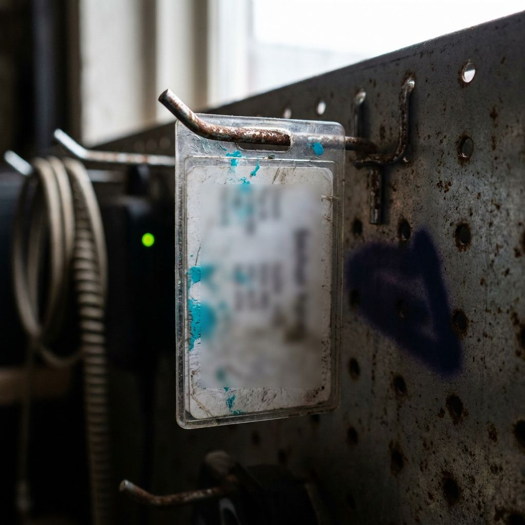 Nærbillede af en slidt servicetag på et værktøjspegboard med cyan smuds og en fjern grøn status‑glød, som metafor for entitetschema og indexering.