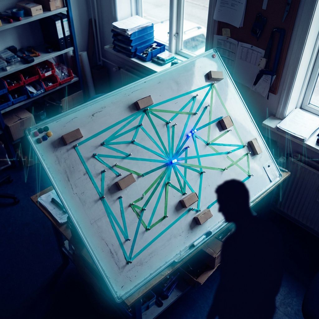 Overhead foto af et magnetisk flow‑kort med cyan og grønne tape‑ruter og pins — metafor for Spotlight‑index og App Intents routing i en dansk SME.