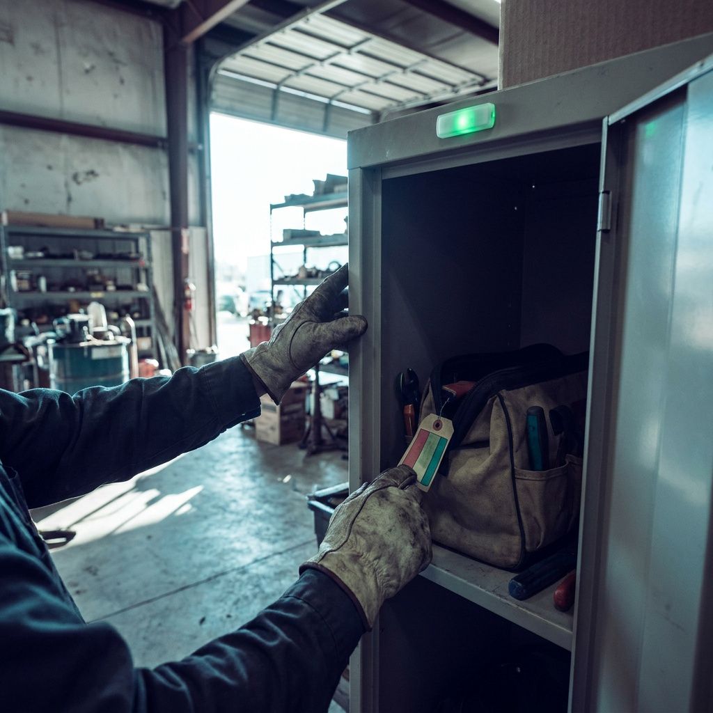 Teknikergrib fra en service‑locker under pulserende grøn corridor‑signal — et øjeblik som illustrerer 'find og udfør' i feltservice.