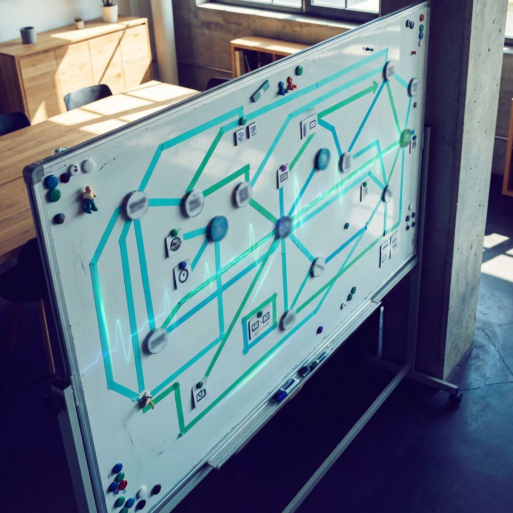Overblik over en ubrugbart læsbar operations-tavle med cyan og grønne ruter og en subtil data-pulse overlay.