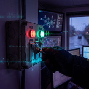 Operationsrum i en dansk SMV: et statuspanel viser en rød alarm og en grøn fallback‑lampe, en tekniker aktiverer en fysisk 'canary' kontakt — visuelt billede af en model, der sættes på hold og skift til fallback.
