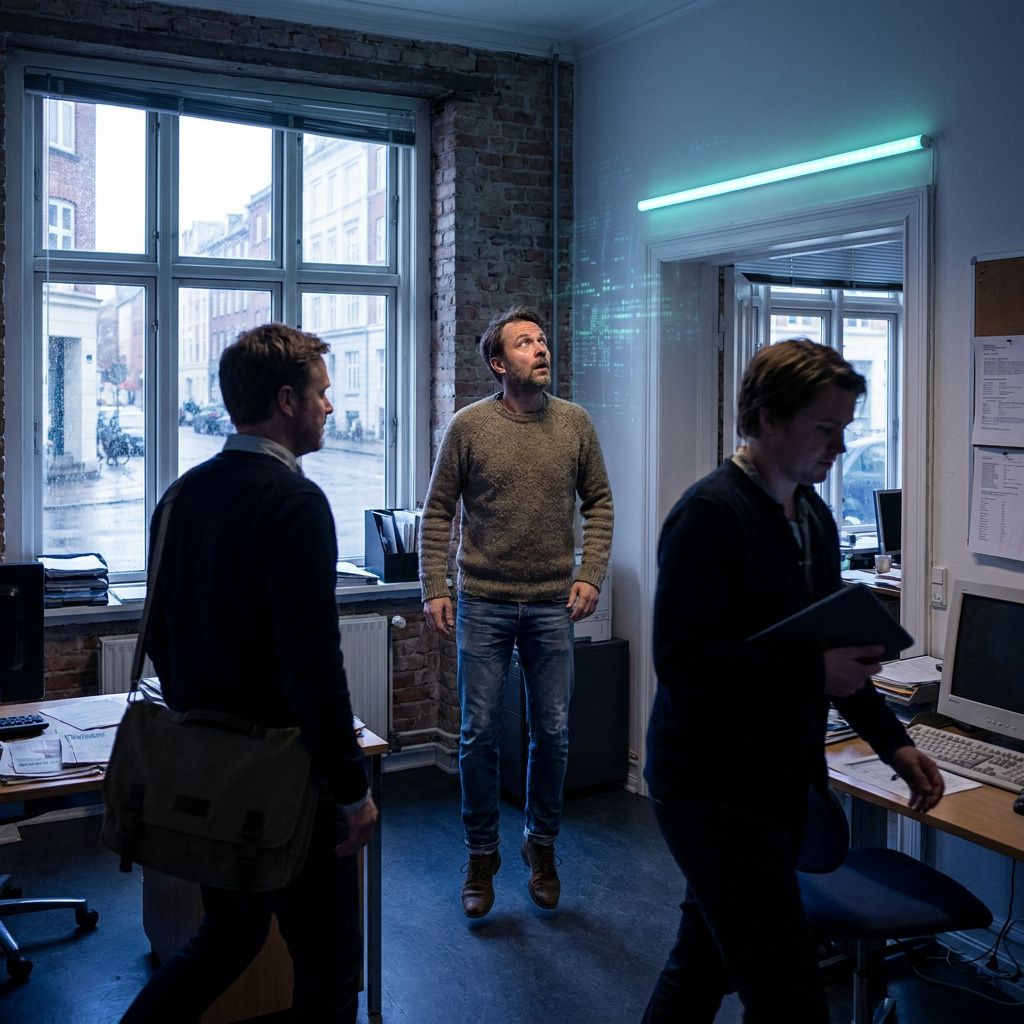 Redaktionsmedarbejder i et lille rum hæmmes et øjeblik af en pulserende indikator, der annoncerer et hurtigt AI‑udkast — et konkret workflowøjeblik med konsekvens for hastighed og efterredigering.