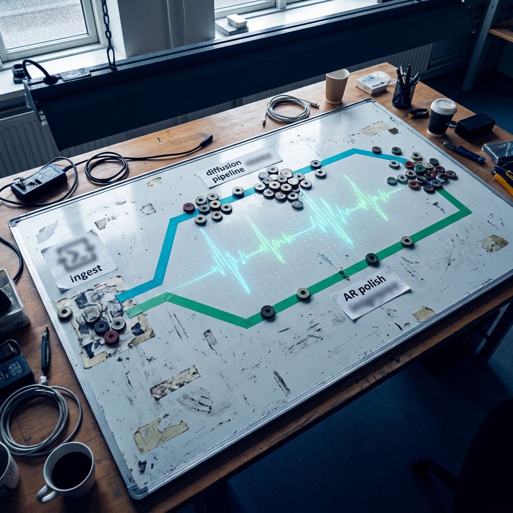 Overhead af en ops‑board i en lille dansk virksomhed med to farvede ruter der visualiserer en hurtig diffusion‑pipeline mod en autoregressiv polish‑bane — et fysisk systems‑metafor for beslutningen mellem tempo og kvalitet.