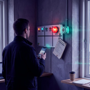 En tekniker i en lille dansk softwarevirksomhed holder en telefon mens en vægmonteret incident‑tavle viser en rød deploy‑alarm; cyan/indigo farvetone signalerer pres og beslutning.