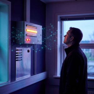 Nordisk operationshjørne i en mindre virksomhed: vægmonteret statuspanel med pulserende indikator og anonym operatør i halvprofil — signal om alarm, omkostnings- og compliancebeslutning.