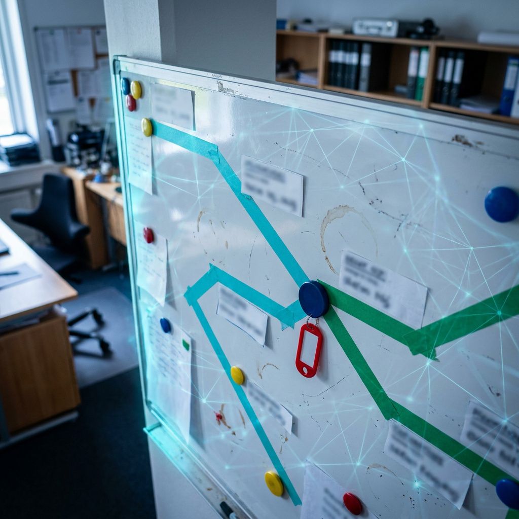 Overhead af en operations‑tavle med farvede ruter og magnetmærker — visuelt systemmetafor for model‑routing og omkostnings‑/audit‑checkpoints.