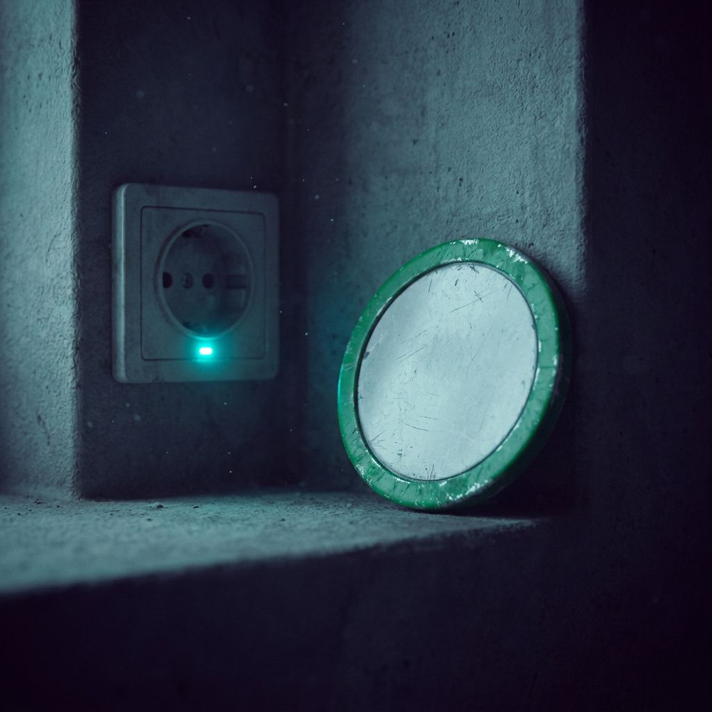 Nærbillede af et slidt godkendelsestoken ved en stikkontakt med cyan LED, symbol på approvals og power‑politik.