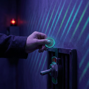 Nordisk teknisk leder holder et slidt approvals‑token foran en mørk kontrolport med en rød/grøn toggle — symbol på valg mellem automatiseret handling og kontrol.