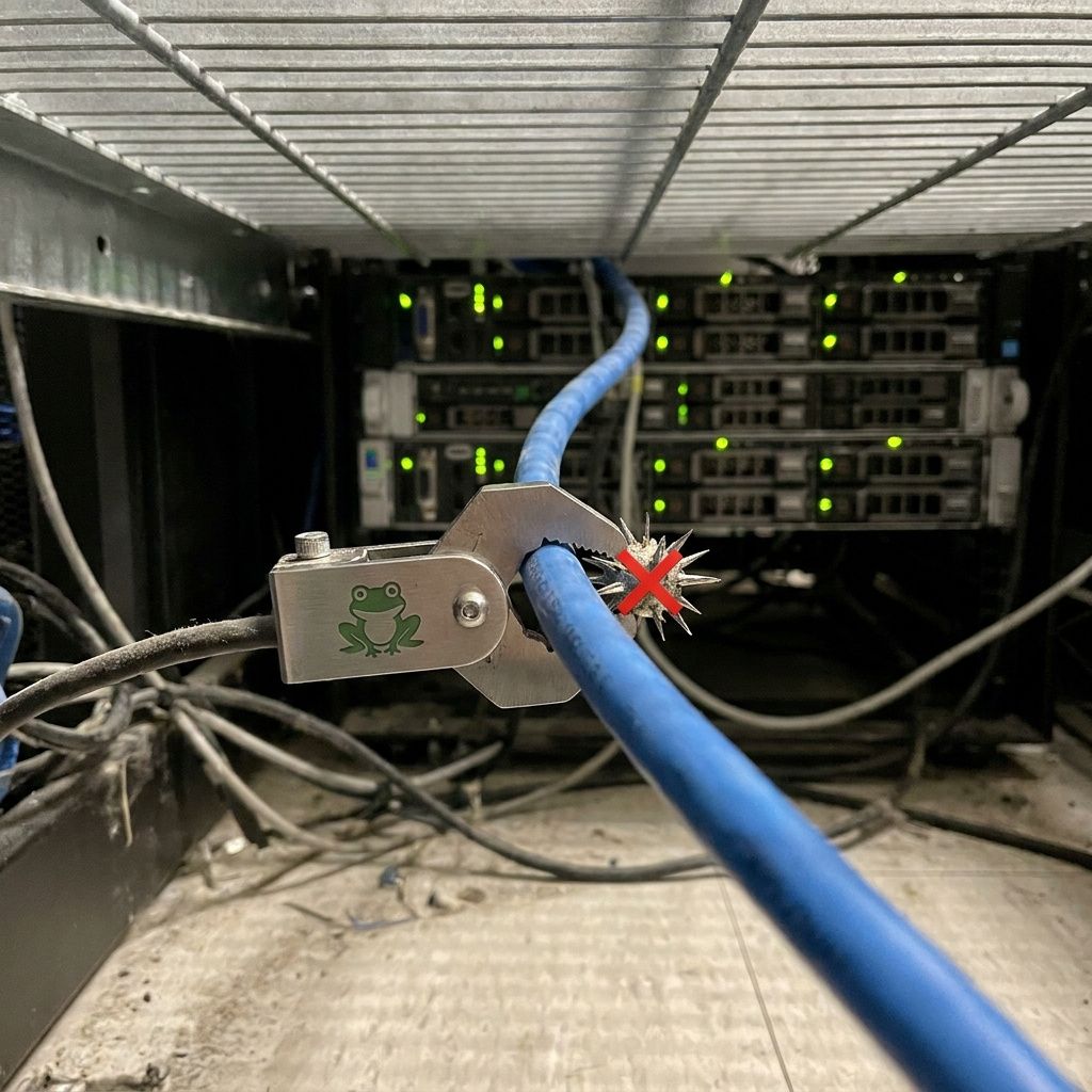 Hænder tilslutter et netværkskabel i et patchpanel mens et alarmlys blinker; markeret cyan sti i baggrunden.