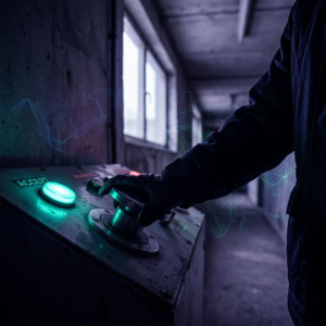 Dansk SMV‑leder ved kontrolpanel i et lille operationsrum, cyan‑grønt 'go' signal og svagt rødt advarselslys; beslutsomt, målt anspændt stemning.