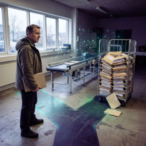 Reportagefoto af en operationsleder i et dansk backoffice; to tydelige baner på gulvet viser hvor sager automatisk rutes hen eller går til review, med dyb indigo og cyan/green signalering.