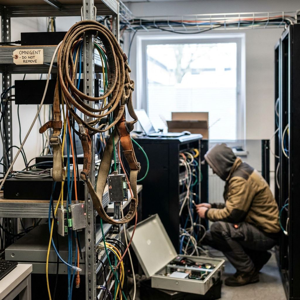 Operationsgulv med to markerede spor i cyan og indigo; tekniker bevæger sig langs det hurtige spor — metafor for valg mellem eksperiment og kontrol.
