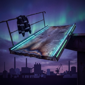 Dansk teknisk leder ved en lille testrig i et research-lokale; slidte metalspor, cyan/grønne LED-accents og deep purple/indigo belysning, beslutsom stemning.