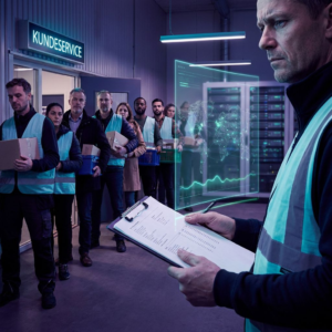 Operationsleder i en lille dansk pakkeudlevering ser over en kort kø af ventende kunder; nordisk lys, dybe lilla skygger med cyan/grønne accents, subtil data‑pulse overlay.