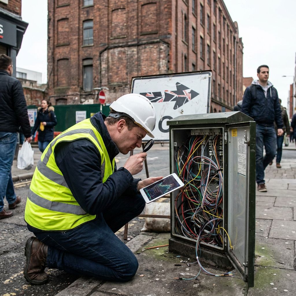 Makrofoto af et slidt test‑tag på et lille stativ med farveblokke; indigo og cyan lys giver en teknisk, anonym stemning.